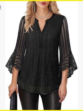 Elegant V-Neck Blouse 3/4 Bell Sleeves Flowy A-Line Silhouette Dressy Casual